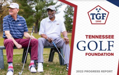 TGF 2022 Progress Report cover showing to veteran golfers sitting on a bench.