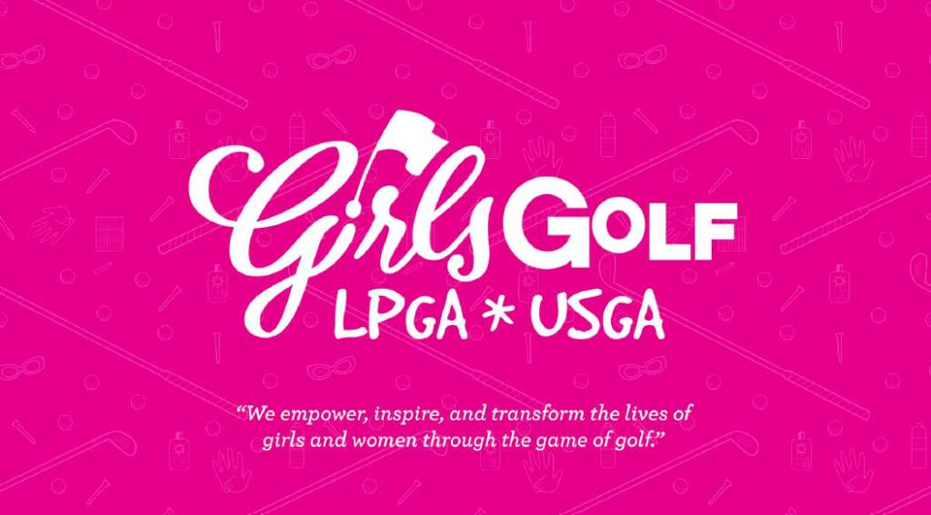 Girls Golf, LPGA USGA white logo on pink background.